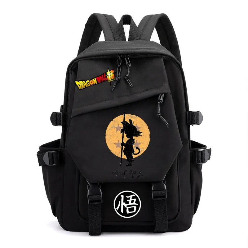 Black multi-pocket backpack Dragon Ball silhouette of Goku child and kanji Go