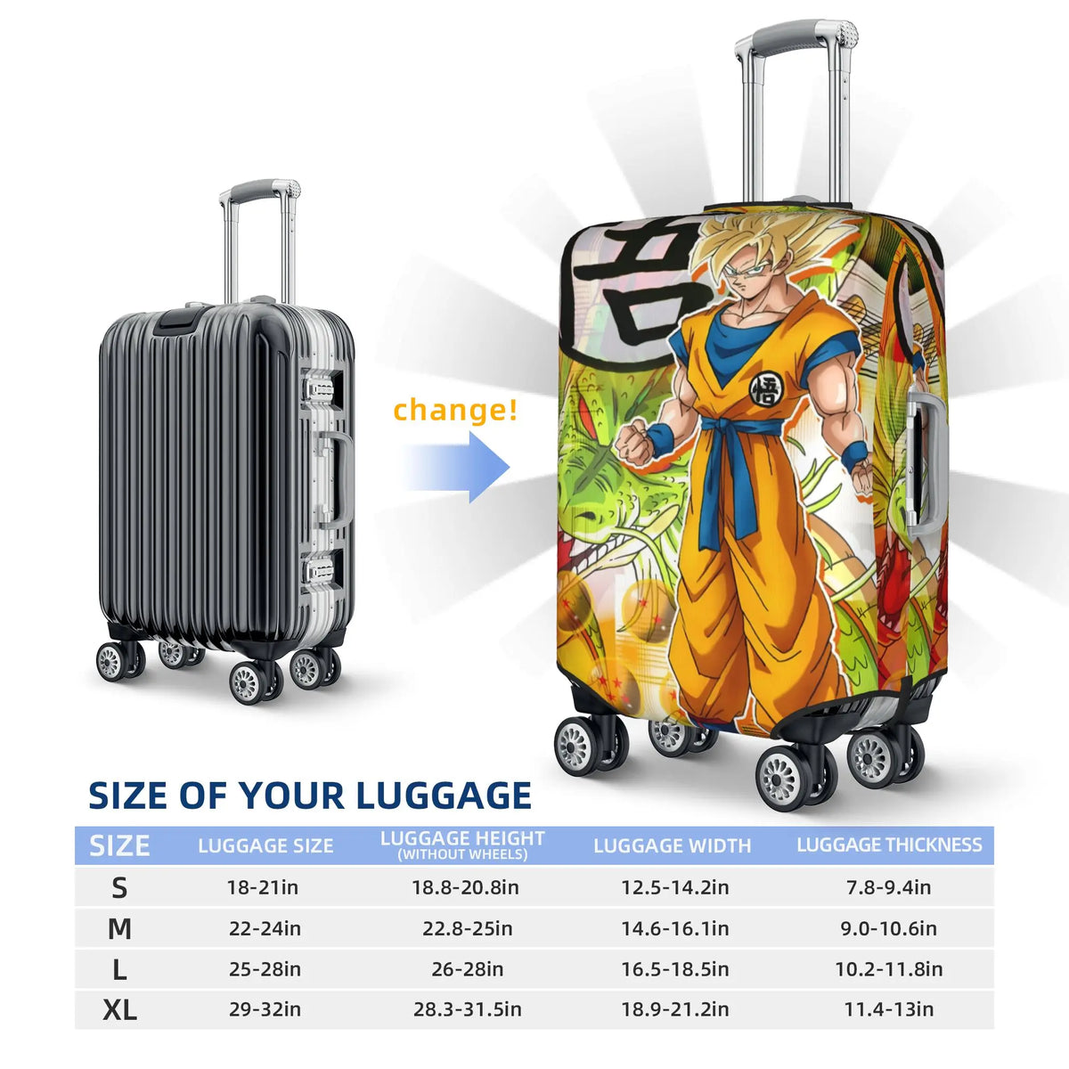 Housse de valise dorée Dragon Ball - Goku Super Saiyan et kanji Go
