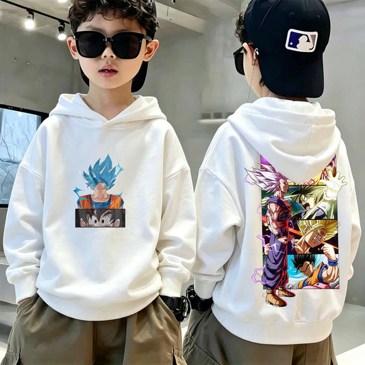 Felpa con cappuccio bianca per bambino Dragon Ball - Goku Blue e guerrieri sulla schiena