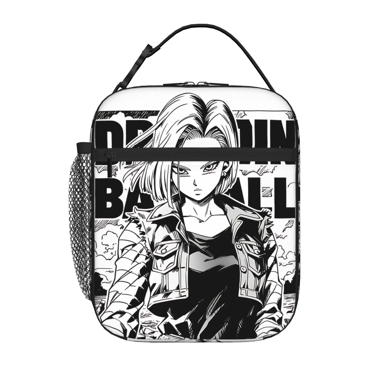 Borsa porta pranzo Dragon Ball bianca e nera - C18 in stile manga