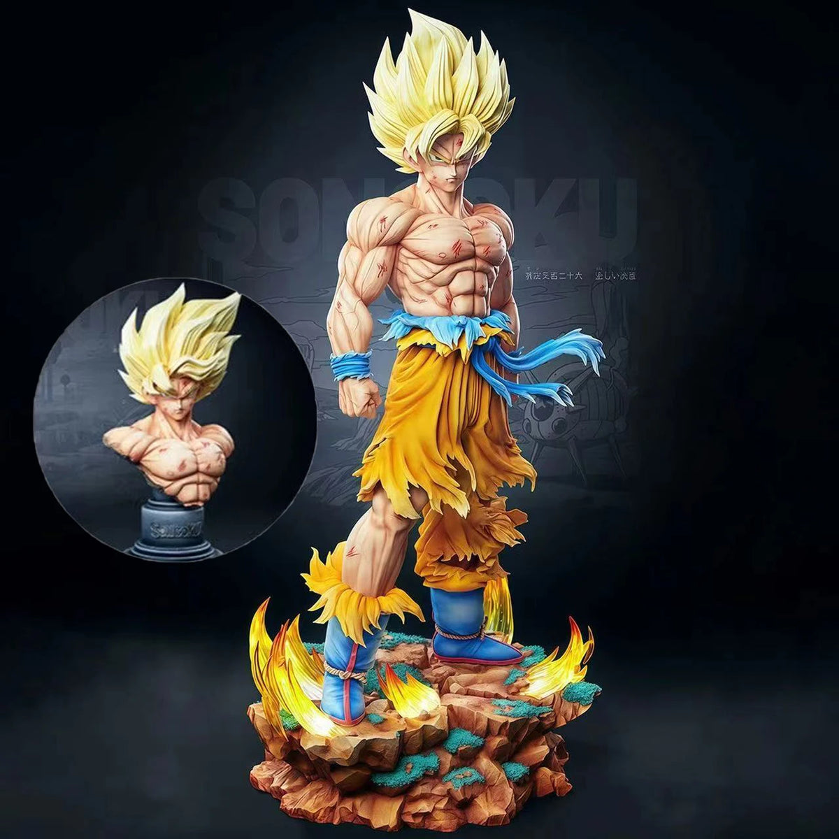 Figurine Dragon Ball - Goku Super Saiyan et aura dorée sur rochers