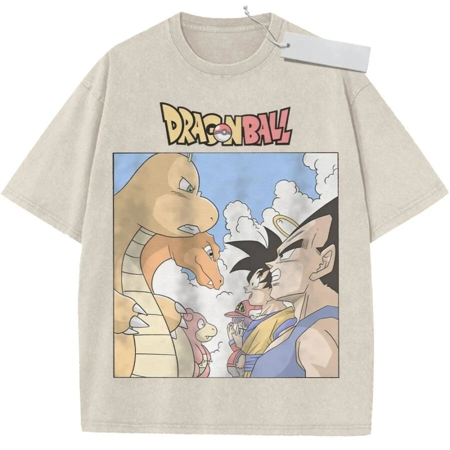 T-shirt beige Dragon Ball Goku Vegeta e drago arancione