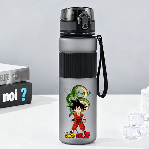 Gray water bottle with strap Dragon Ball - Goku child with Shenron