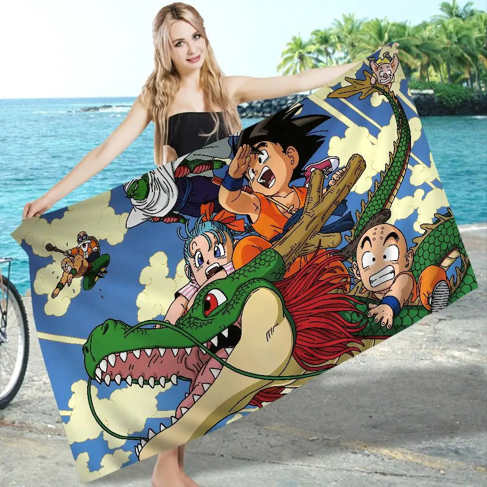 Serviette de plage bleue Dragon Ball - Goku et ses amis sur Shenron