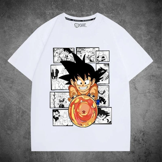 T-shirt blanc pour enfant Dragon Ball Goku enfant tenant une boule de cristal