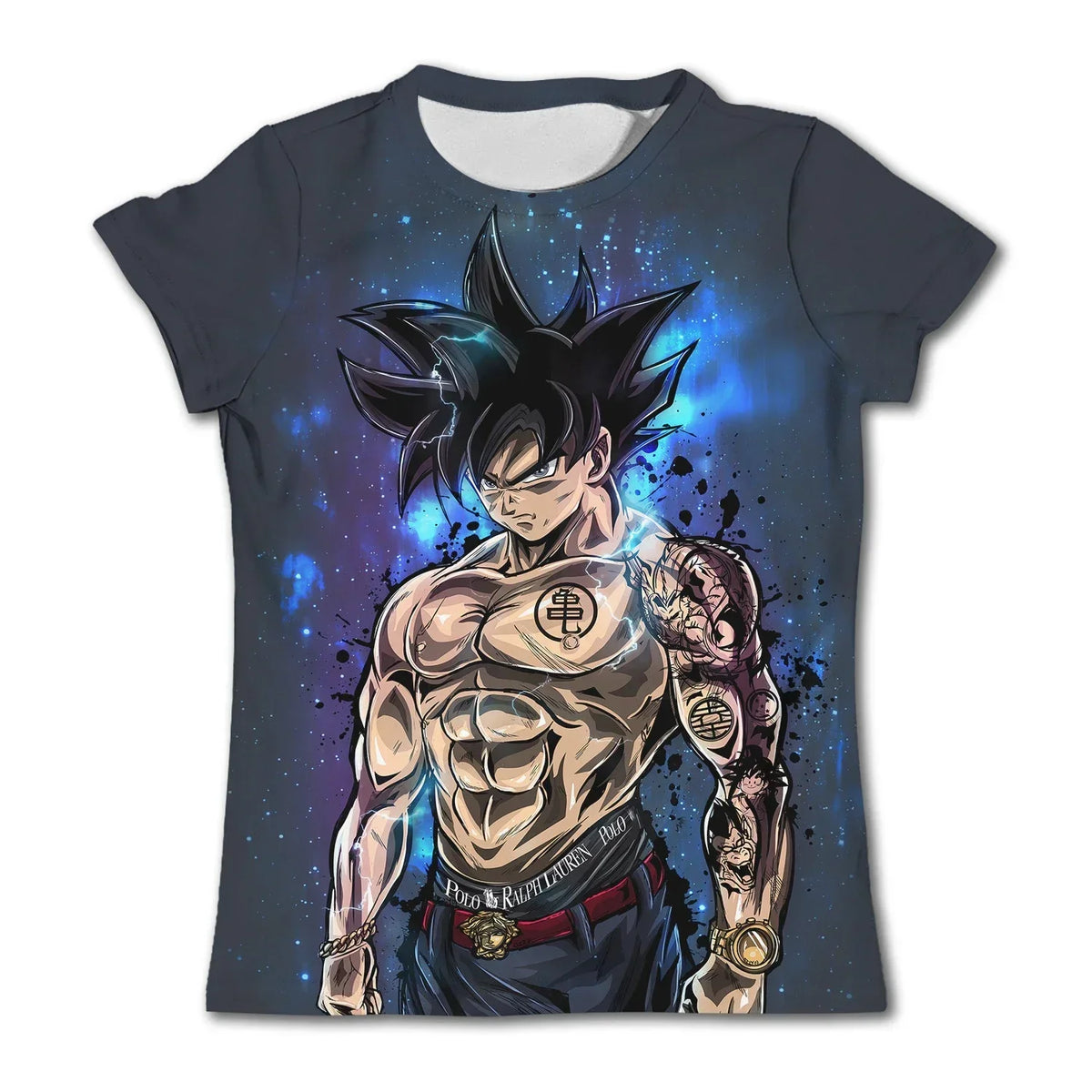 T-shirt gris foncé Dragon Ball Goku tatoué et aura bleue