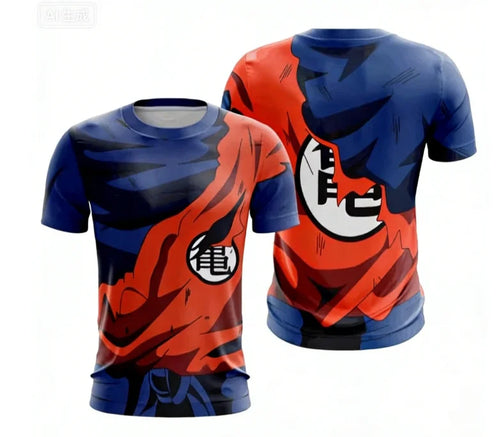 T-shirt orange et bleu Dragon Ball tenue de Goku déchirée et emblème Kame