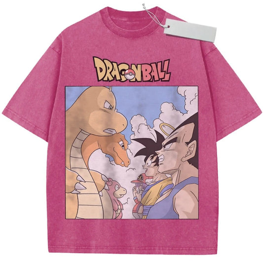 T-shirt rosa Dragon Ball Goku Vegeta e drago arancione