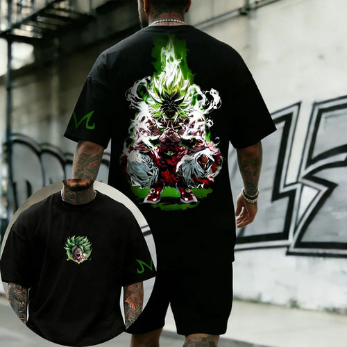 Schwarzes T-Shirt Dragon Ball Broly hockt und grüne Aura
