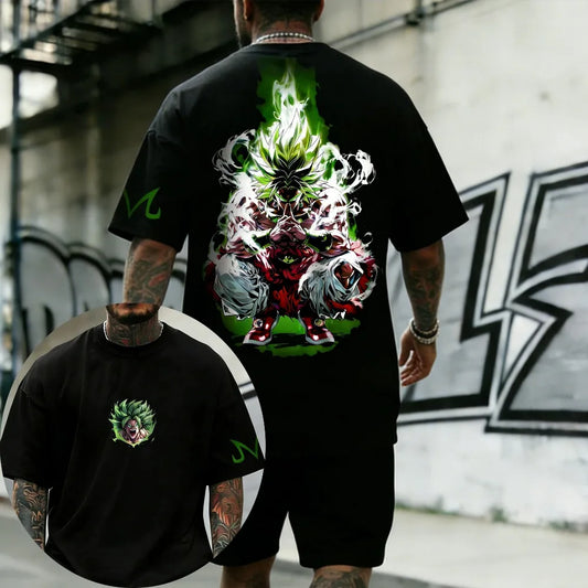 T-shirt nero Dragon Ball Broly accovacciato e aura verde