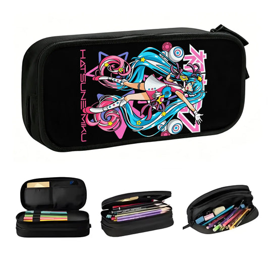 Pochette scolaire noire Vocaloid - Hatsune Miku et décor multicolore