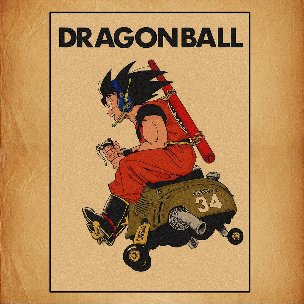 Retro Poster Dragon Ball - junger Goku auf seinem Motorrad Nummer 34