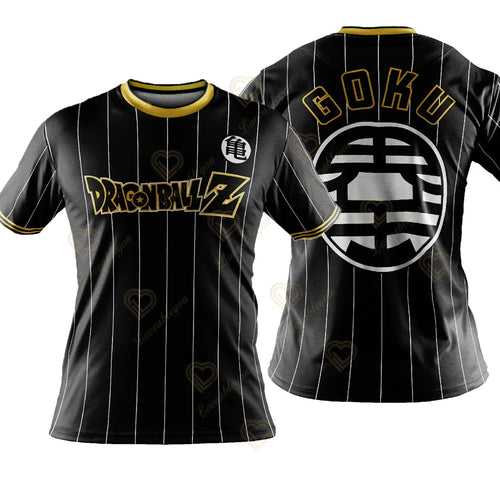 Camiseta negra de rayas Dragon Ball - Goku y emblema del rey Kaio