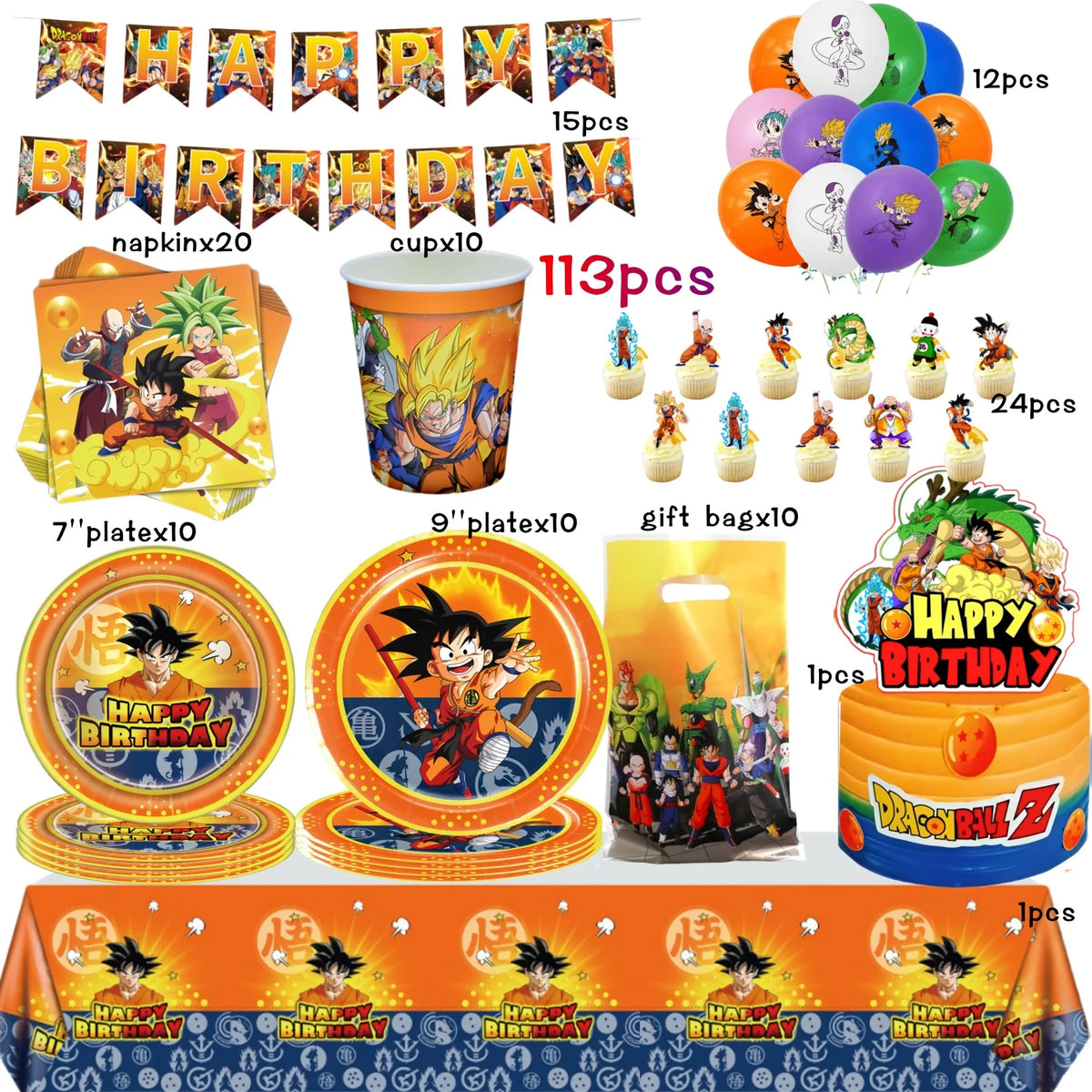 Dragon Ball oranje verjaardagsset - Goku en Super Saiyans