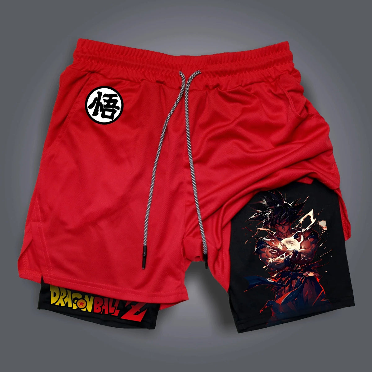 Short de sport rouge Dragon Ball - Goku en combat sur doublure noire